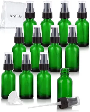 1 oz / 30 ml Green Glass Boston Round Bottle with Black Treatment Pump (12 Pack)   Clear Travel Bag and Funnel