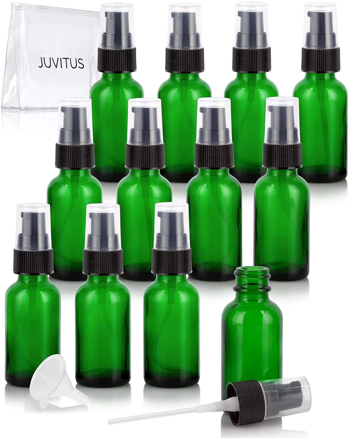 1 oz / 30 ml Green Glass Boston Round Bottle with Black Treatment Pump (12 Pack)   Clear Travel Bag and Funnel