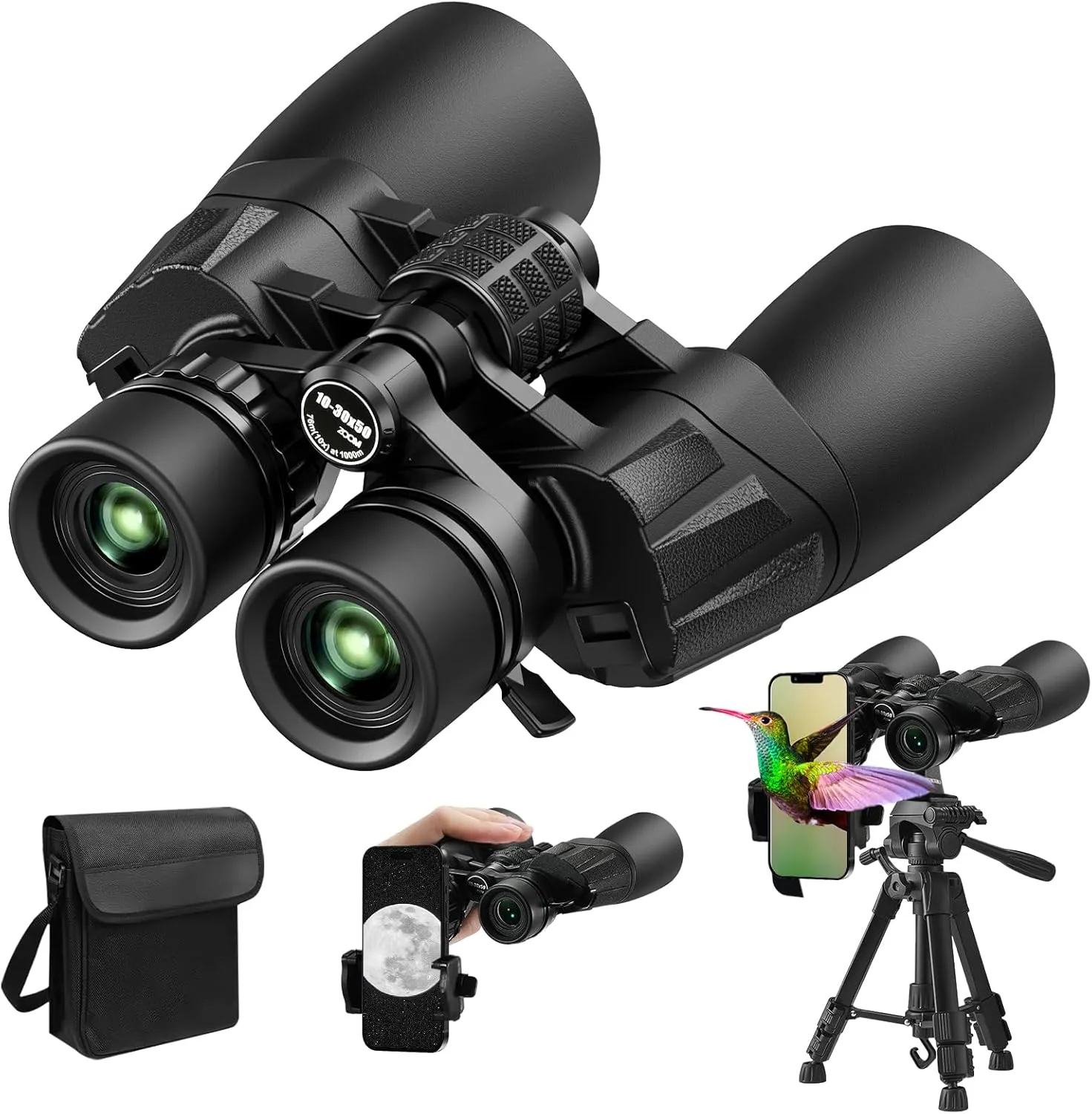 10-30×50 HD Zoom Binoculars for Adults with Upgraded Phone Adapter, Tripod and Tripod Adapter,Clear Low Light Vision at Night Waterproof High Powered Binocular for Bird Watching Travel