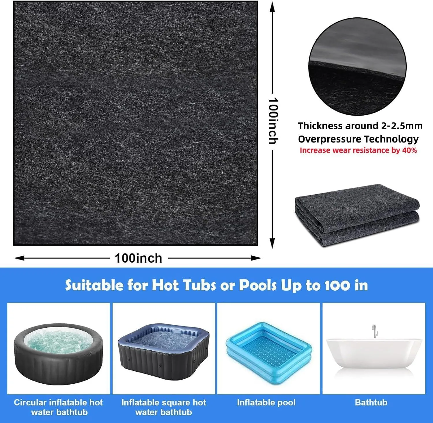 100 * 100 Inch Hot Tub Mat, Extra Large Inflatable Hot Tub Pad Outdoor Indoor, Waterproof Slip-Proof Backing, Absorbent Spa Pool Ground Base Flooring Protector Mat, Protect Hot Tub Pool from Wear