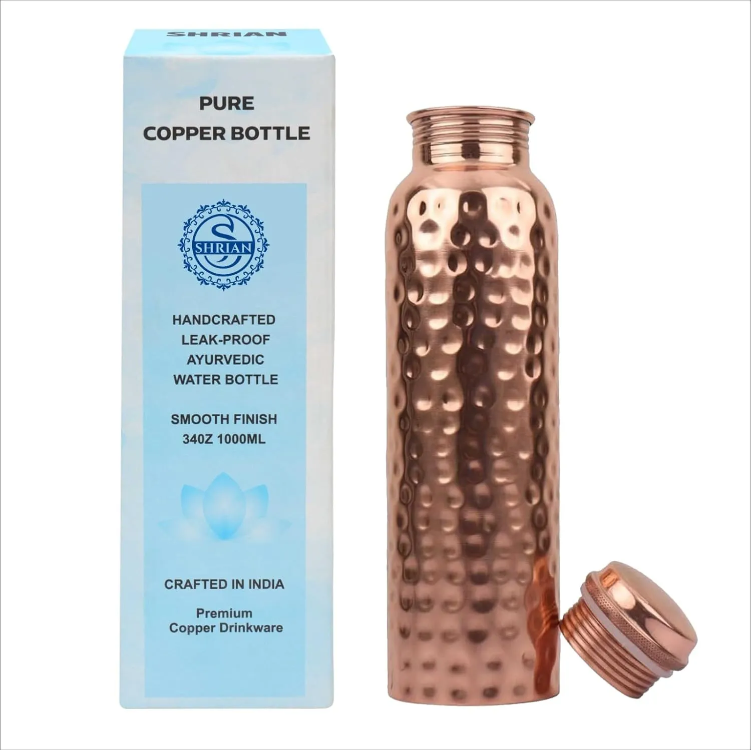 100% Pure Copper Water Bottle for Drinking, 34 Oz Handcrafted, Leak-Proof, Ayurvedic Detox & Health Benefits - Hammered Glossy Finish Eco-Friendly Copper Vessel