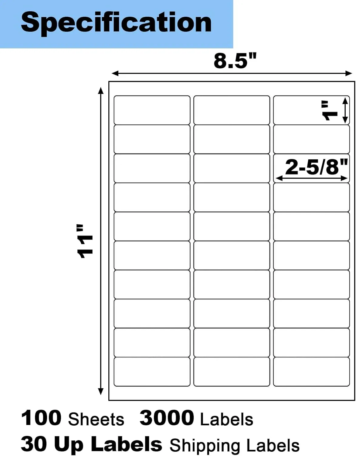 100 Sheets 3000 Pcs 30 Up 1" x2-5/8 Shipping Address Barcode Labels for Laser & Inkjet Printers, 1x2.625 on US Letter, 30 per Sheet Return Address Labels, 30 per Page