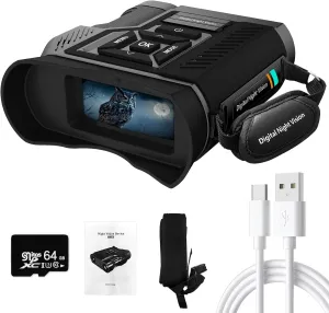 1080P Night Vision Goggles, 10X Optical Telescopes and 8X Digital Zoom for Total Darkness Surveillance, 3'' Large Screen Binoculars can Save Photo & Video with 64GB Memory Card, for Camping, Hunting