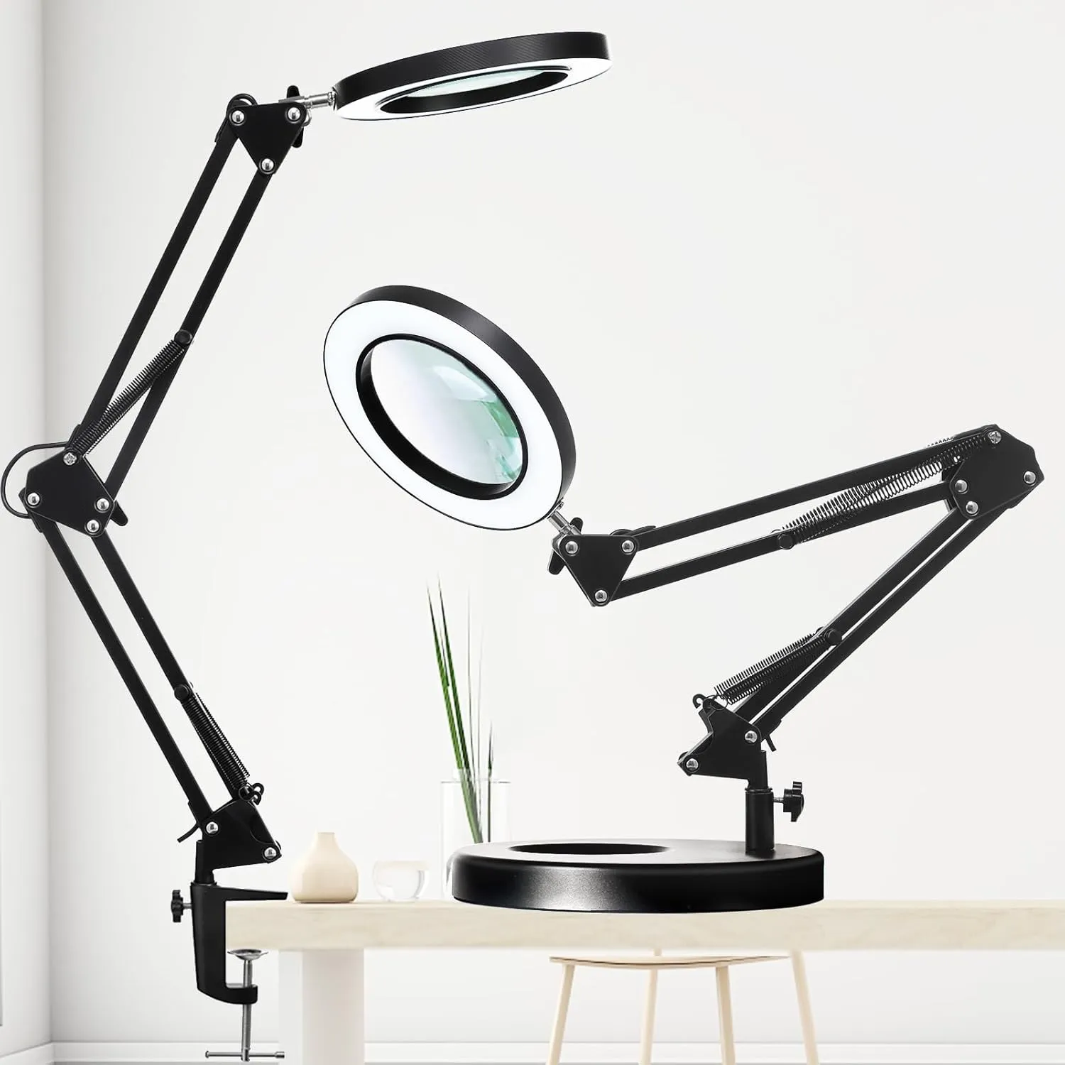 10X Magnifying Glass with Light and Stand, 2-in-1 LED Magnifying Lamp, 3 Color Stepless Dimming Magnifier with Light, Real Optical Glass Magnifier Lamp for Crafts Repair Close Work- Black