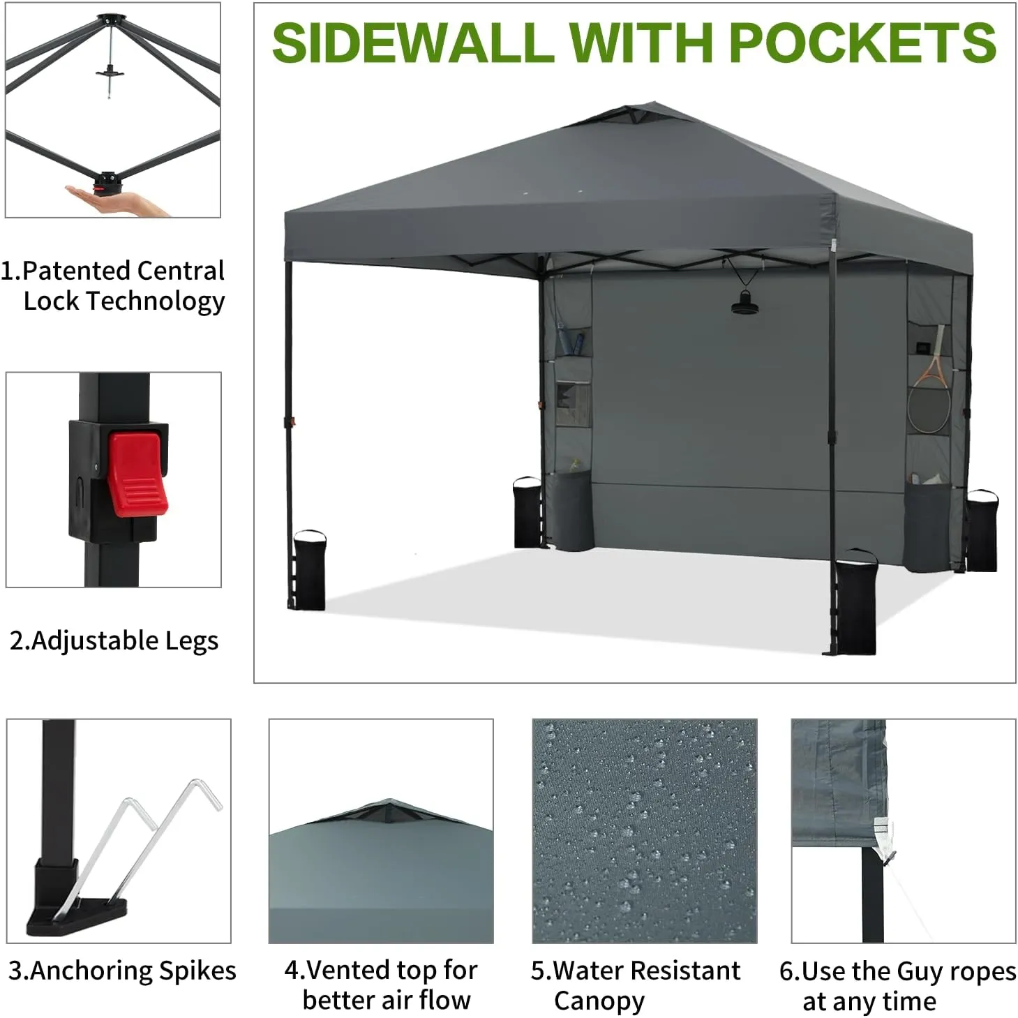 10'x10' Pop Up Canopy Tent with Sidewall and Pockets, Patented One Push, 1-Person Easy Setup, Instant Shade Canopy with Vented Roof for Beach Outdoor, Case, 8 Stakes, 4 Ropes, 4 Sandbags (Gray)