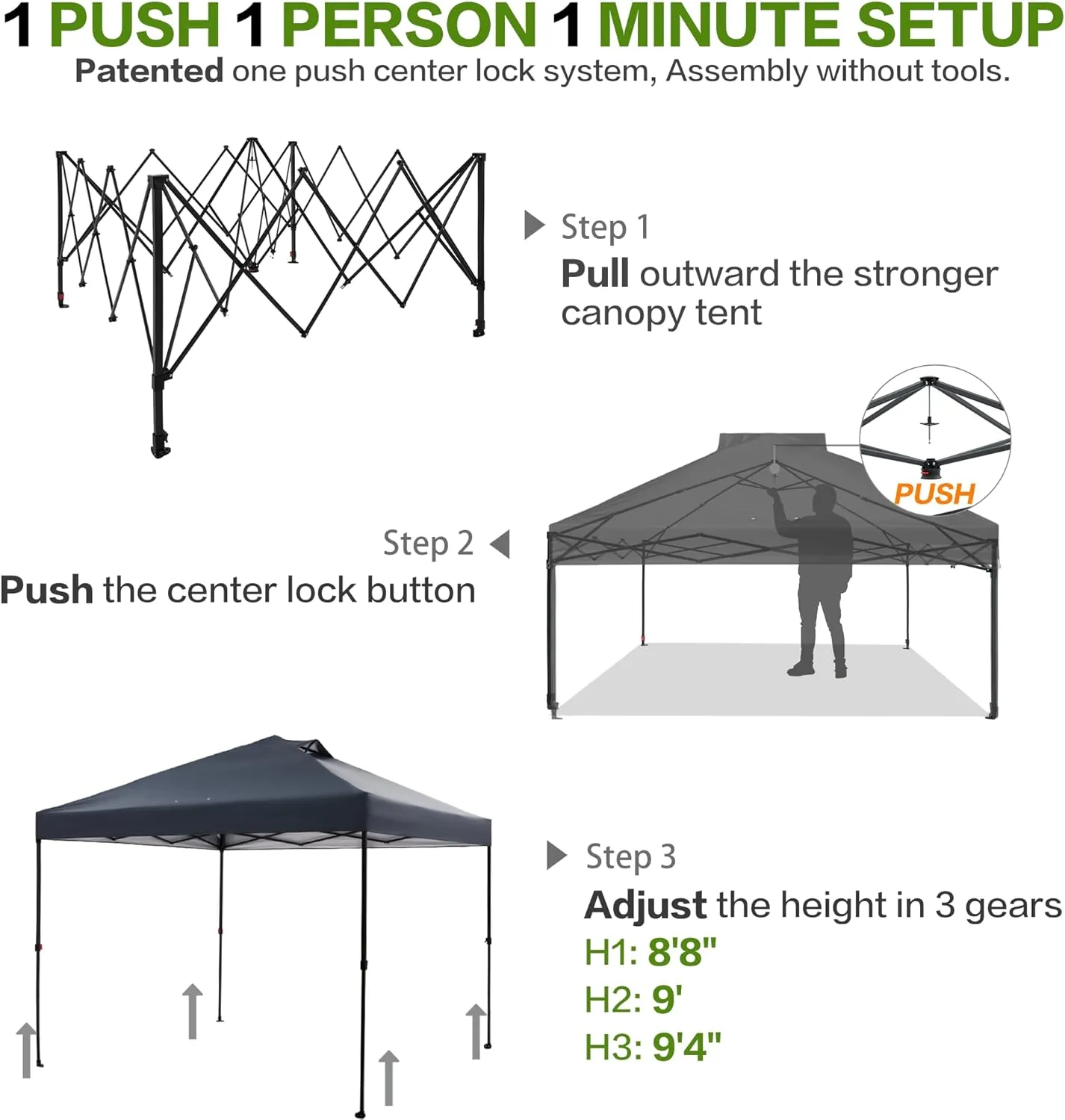10'x10' Pop Up Canopy Tent with Sidewall and Pockets, Patented One Push, 1-Person Easy Setup, Instant Shade Canopy with Vented Roof for Beach Outdoor, Case, 8 Stakes, 4 Ropes, 4 Sandbags (Gray)