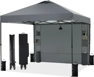 10'x10' Pop Up Canopy Tent with Sidewall and Pockets, Patented One Push, 1-Person Easy Setup, Instant Shade Canopy with Vented Roof for Beach Outdoor, Case, 8 Stakes, 4 Ropes, 4 Sandbags (Gray)