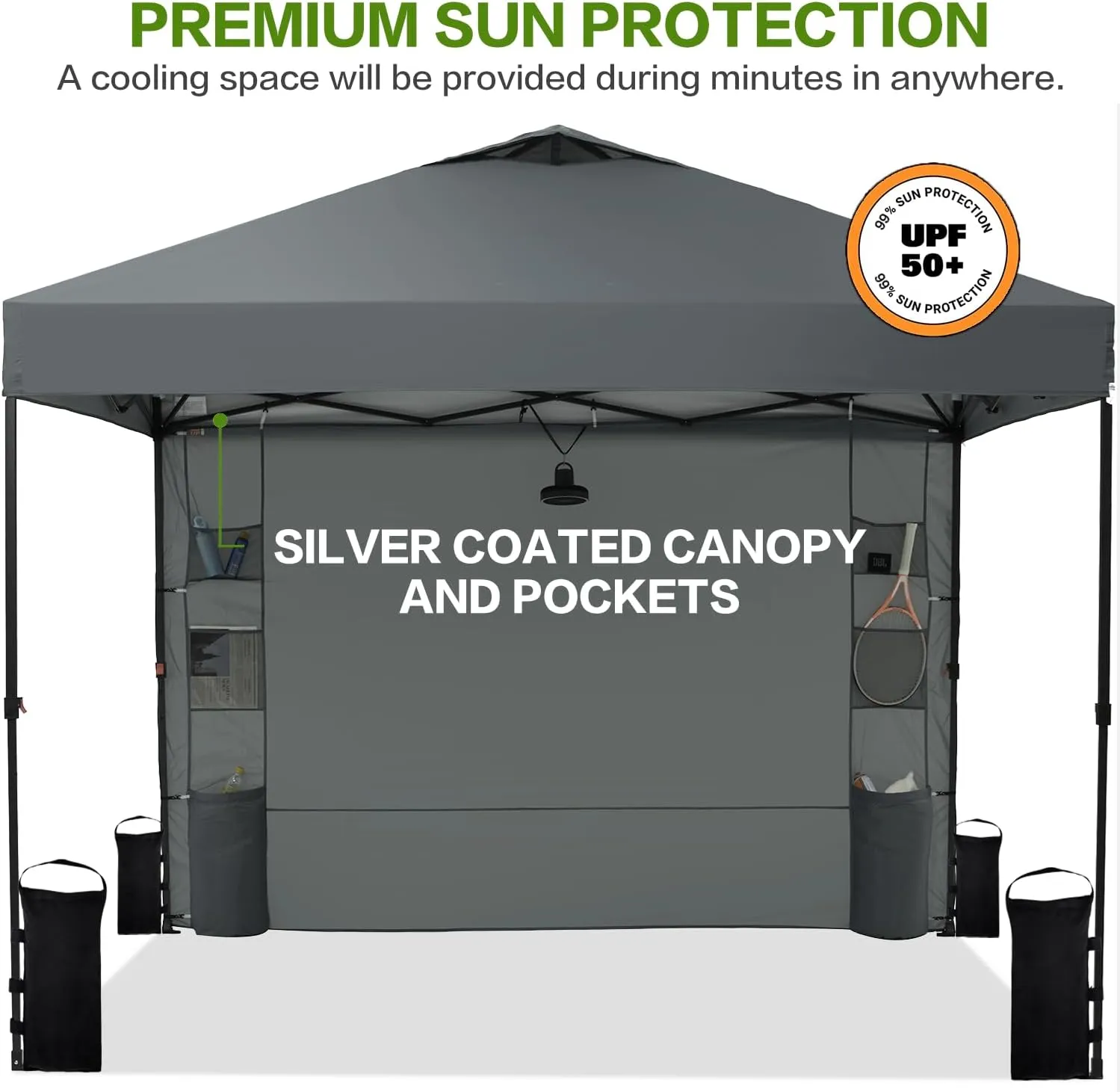 10'x10' Pop Up Canopy Tent with Sidewall and Pockets, Patented One Push, 1-Person Easy Setup, Instant Shade Canopy with Vented Roof for Beach Outdoor, Case, 8 Stakes, 4 Ropes, 4 Sandbags (Gray)