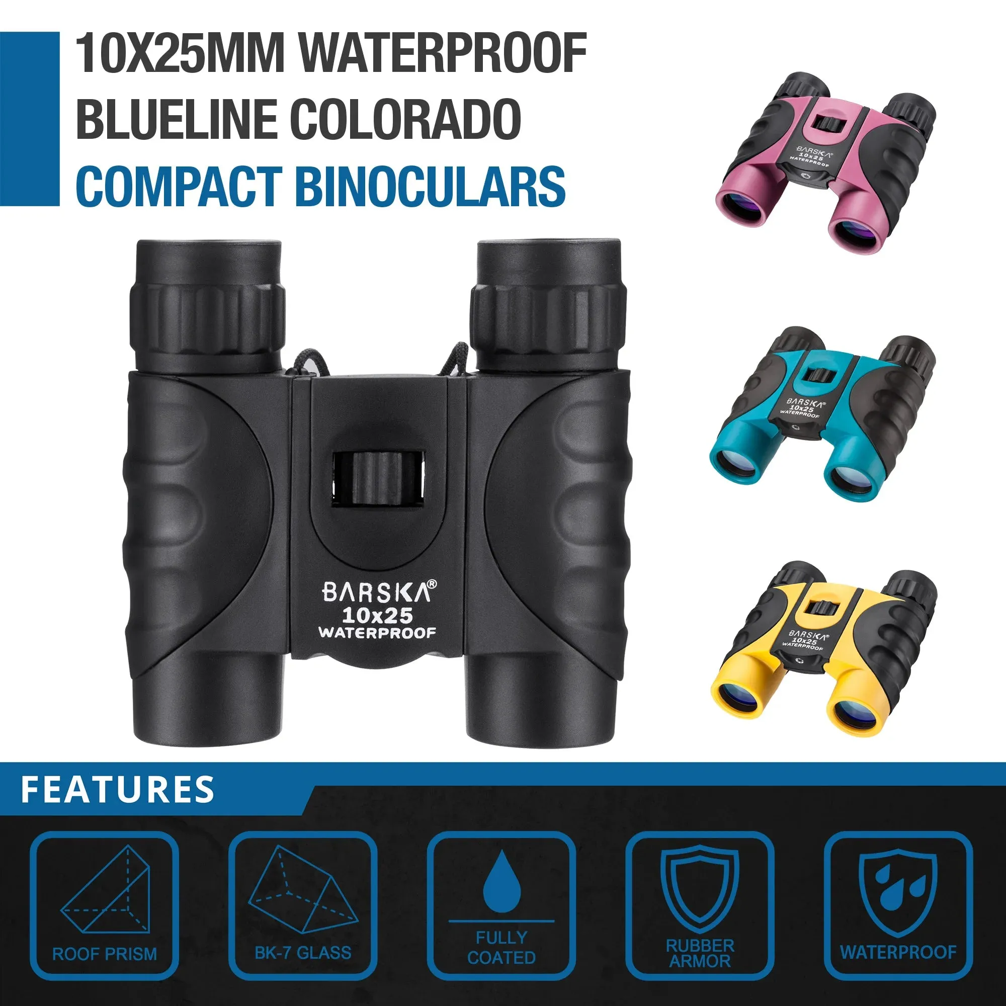 10x25mm Blueline Colorado Compact Waterproof Binoculars, Available in 5 Colors | AB12725, AB12418, AB12726, CO10696