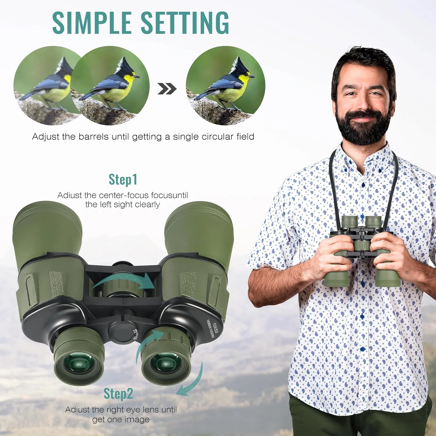 10X50 HD Binoculars for Adults and Kids, Large View Compact Binocular with Clear Low Light Vision, Waterproof/Professional Binoculars for Bird Watching/Outdoor Hunting/Travel (Green)