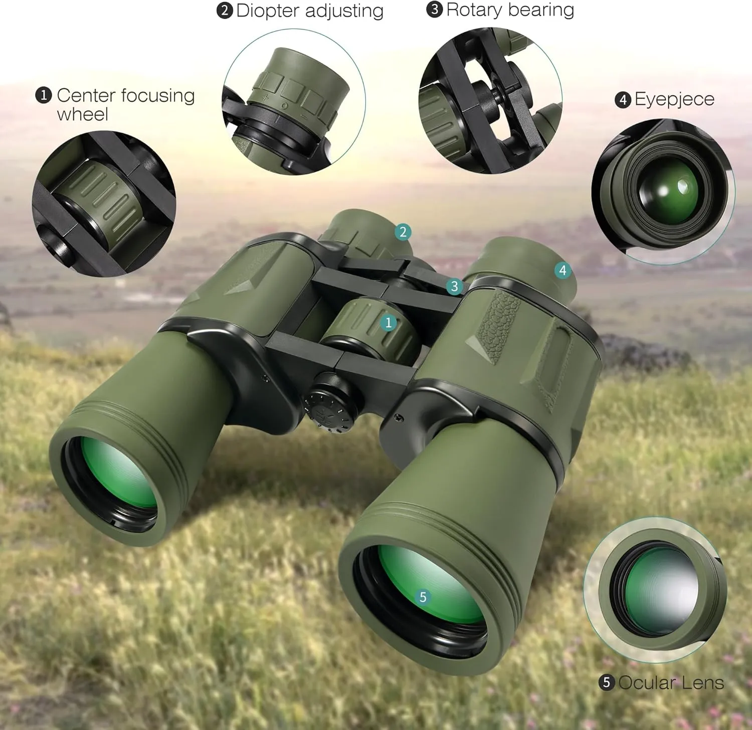 10X50 HD Binoculars for Adults and Kids, Large View Compact Binocular with Clear Low Light Vision, Waterproof/Professional Binoculars for Bird Watching/Outdoor Hunting/Travel (Green)