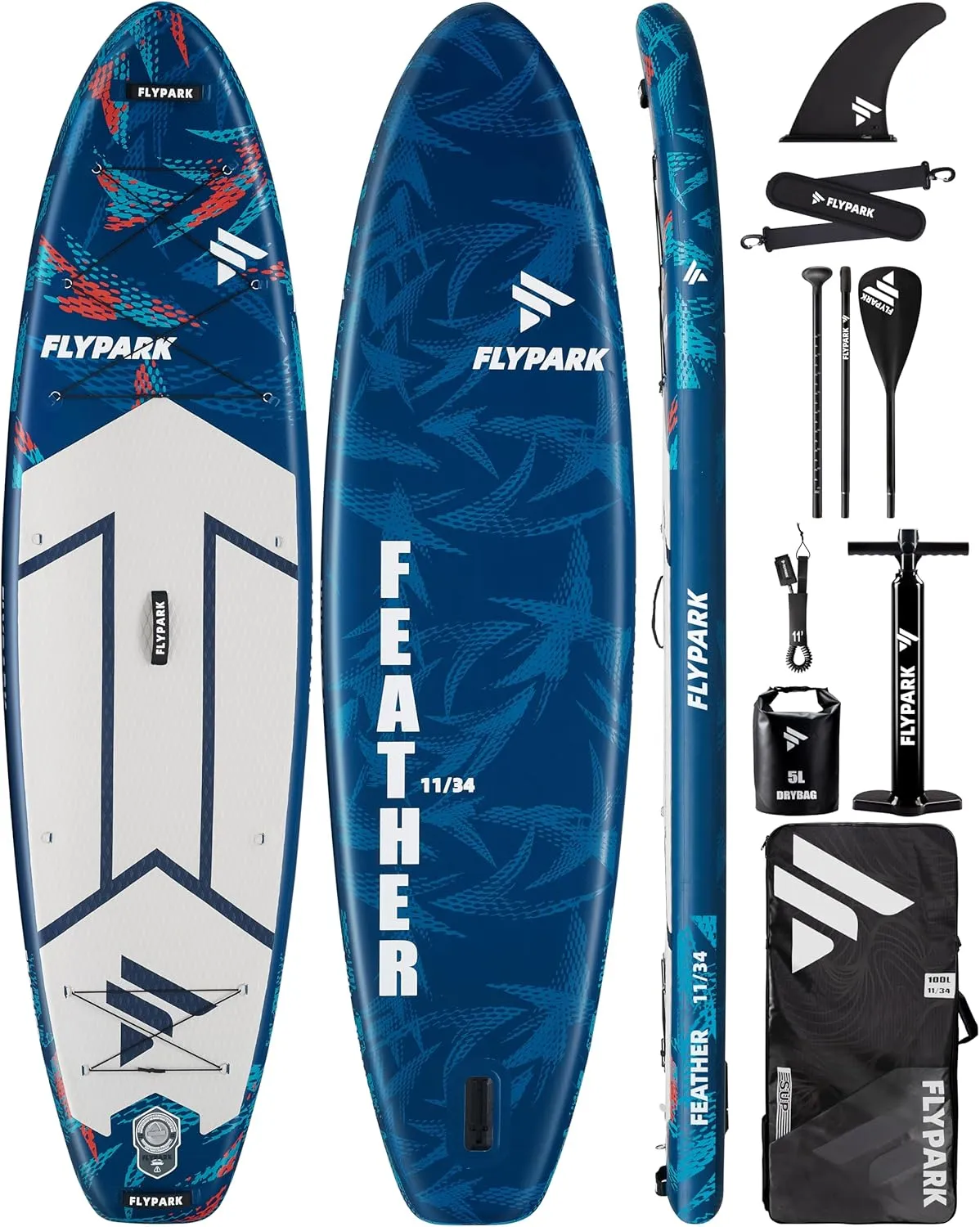 11'x34 Inflatable Paddle Boards, Extra Wide SUP for 420lbs/3Adults, Yoga Stand Up Paddle Board, 110L Backpack, 15 D-Rings, Shoulder Strap, US-Fin, 2-Action Pump