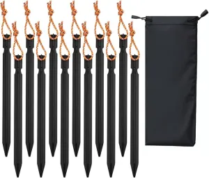 12 Pack Tent Stakes, 7-inch Ultralight Aluminum Ground Pegs with Reflective Pull Ropes, Tri-Beam Stakes in a Carrying Bag, for Camping, Backpacking, Hiking Tent, Hammocks and Canopy (Black)