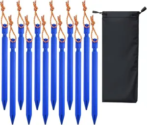 12 Pack Tent Stakes, 7-inch Ultralight Aluminum Ground Pegs with Reflective Pull Ropes, Tri-Beam Stakes in a Carrying Bag, for Camping, Backpacking, Hiking Tent, Hammocks and Canopy (Blue)