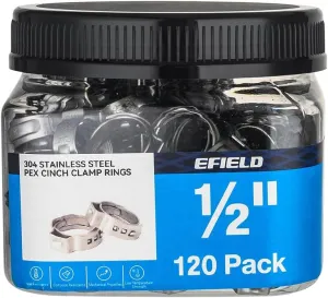 120-Pack EFIELD 1/2-inch Stainless Steel Pex Cinch Clamp Rings for Pex Tubing Pipes