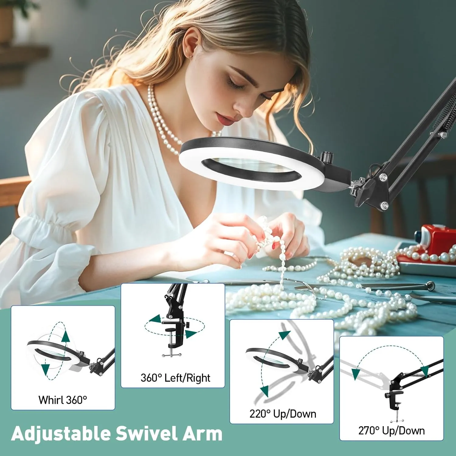 12X Magnifying Glass with Light and Stand, Upgraded Any Color Modes & Stepless Dimming Magnifying Lamp with Clamp, Adjustable Long Arm Hands Free LED Lighted Magnifier for Craft Repair Workbench
