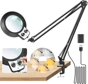 12X Magnifying Glass with Light and Stand, Upgraded Any Color Modes & Stepless Dimming Magnifying Lamp with Clamp, Adjustable Long Arm Hands Free LED Lighted Magnifier for Craft Repair Workbench