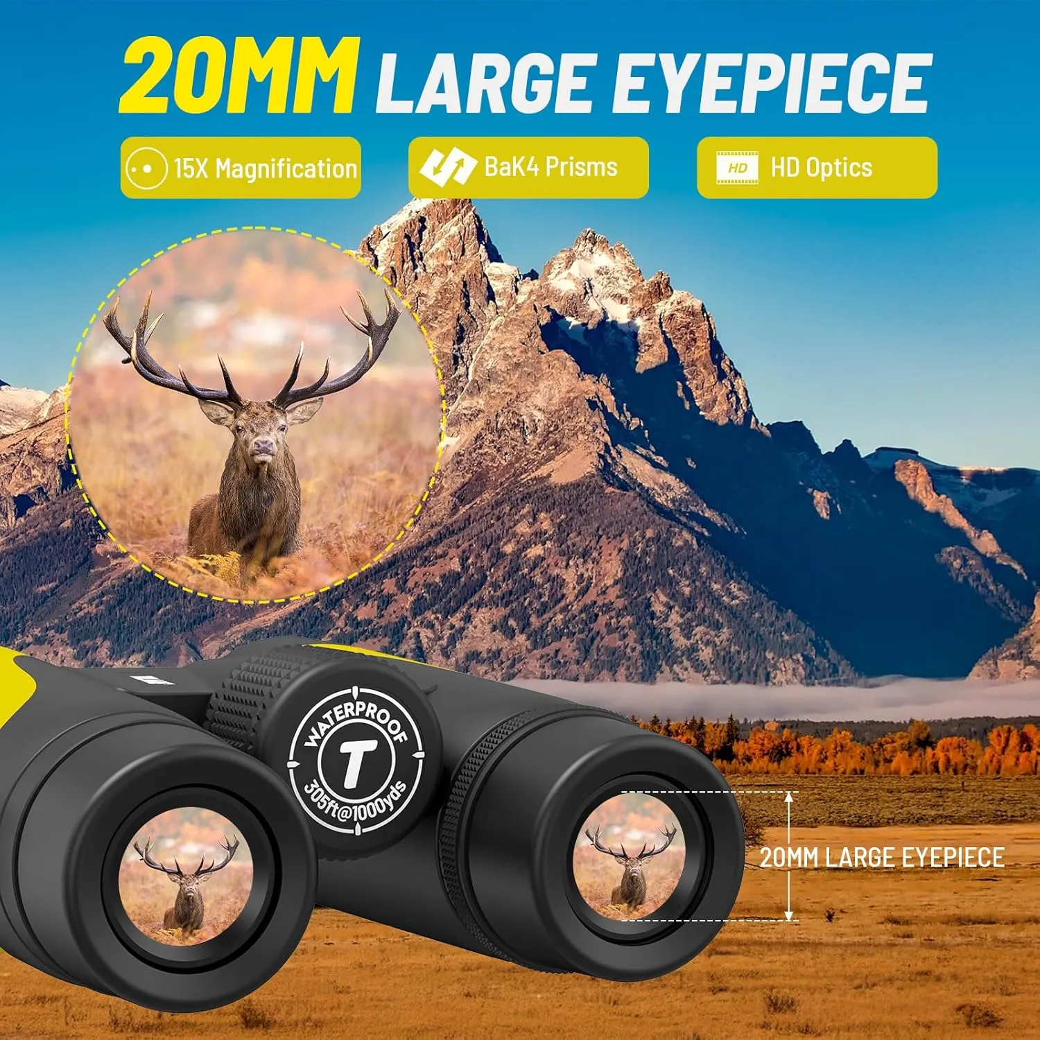 15x55 HD Binoculars for Adults, 8 Wide Angle, 367/1000yds, BAK4 Prism FMC Lens, IPX7 Waterproof for Bird Watching, Hiking, Travel, Sports with Phone Adapter (Yellow)
