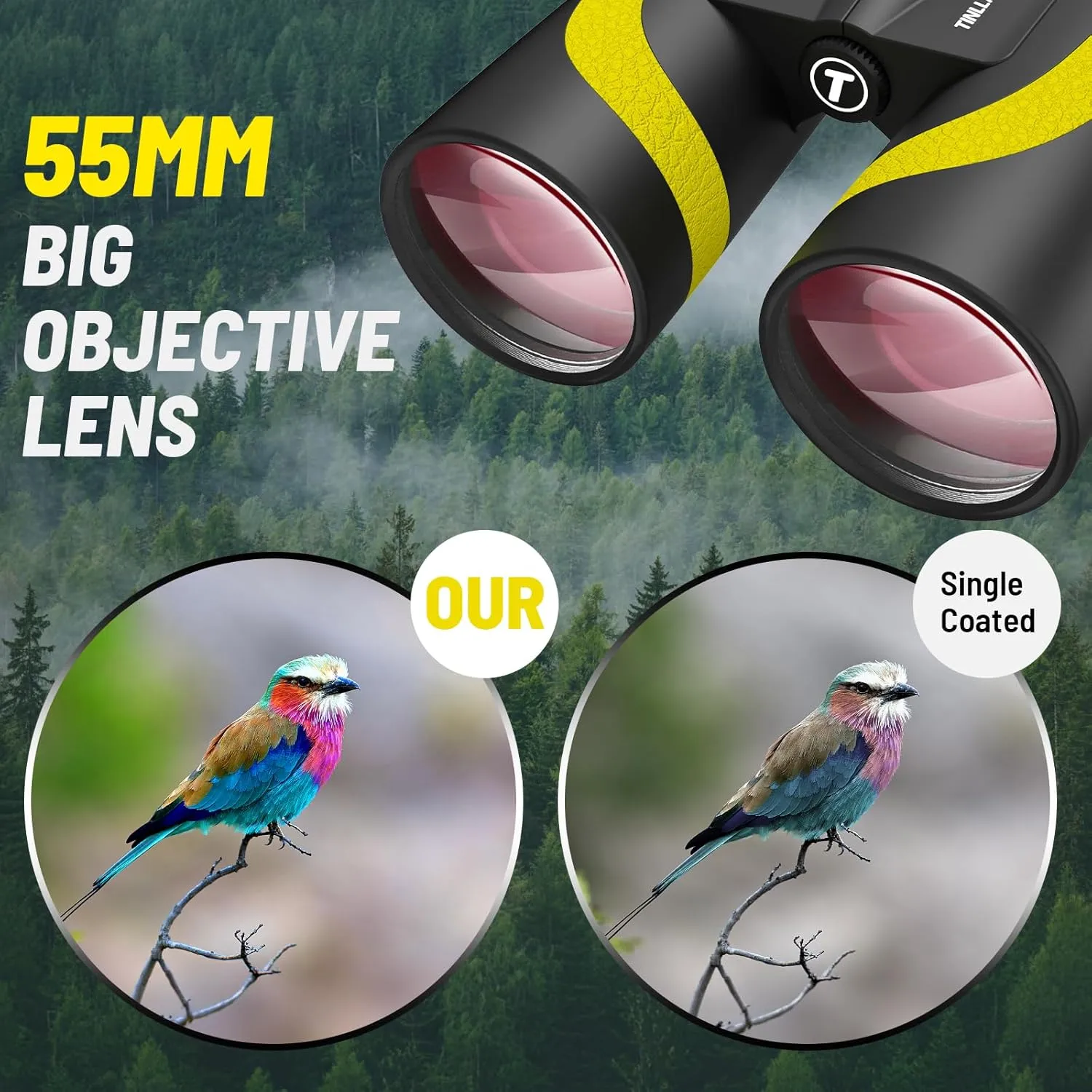 15x55 HD Binoculars for Adults, 8 Wide Angle, 367/1000yds, BAK4 Prism FMC Lens, IPX7 Waterproof for Bird Watching, Hiking, Travel, Sports with Phone Adapter (Yellow)