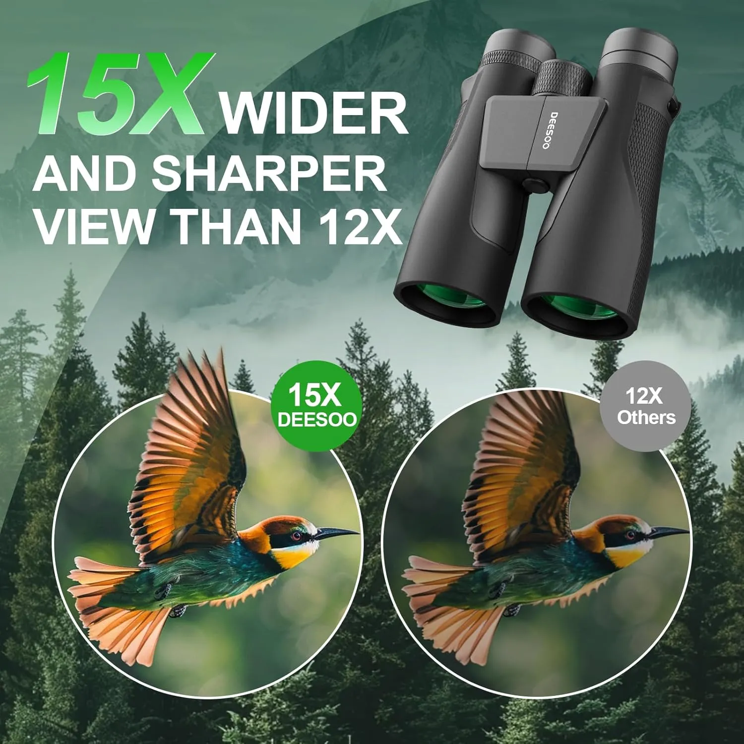 15x56 HD Binoculars for Adults High Powered: Deesoo Waterproof Binoculars for Hunting with Large View- Professional Binocular for Bird Watching Travel Hunting Stargazing,Black