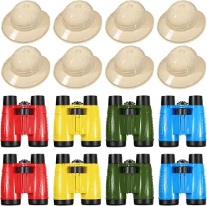 16 Pcs Safari Themed Party Set: 8 Jungle Hats, 8 Binoculars with Neck Strings for Kids Birthday Celebrations and Safari Dress-Up (Simple Style)