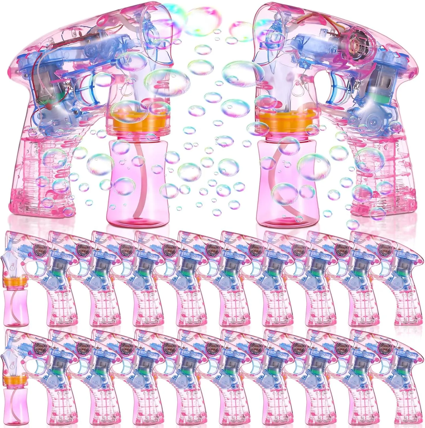 18 Pcs LED Light up Bubble Gun for Kids, Battery Operated Bubble Blowers with Music Automatic Bubble Maker Machine Bulk Bubble Gun Blasters for Wedding Party Birthday Summer (Pink)