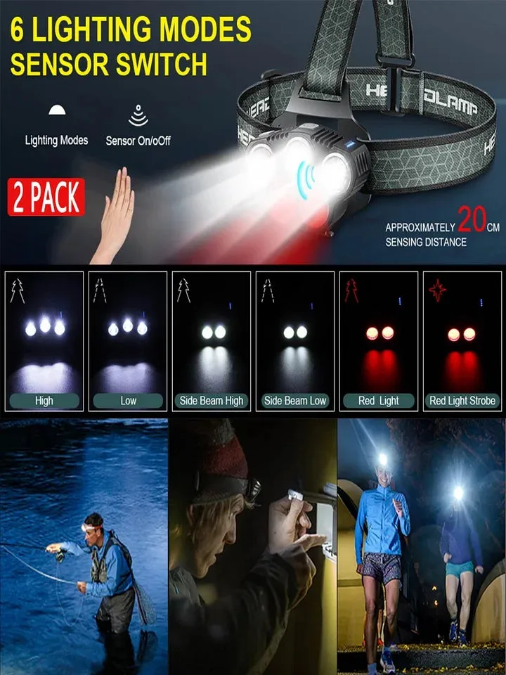 2 Pack COB LED Motion Sensor Headlamp Flashlight USB Rechargeable 6 Lighting Modes Headlight Flashlight