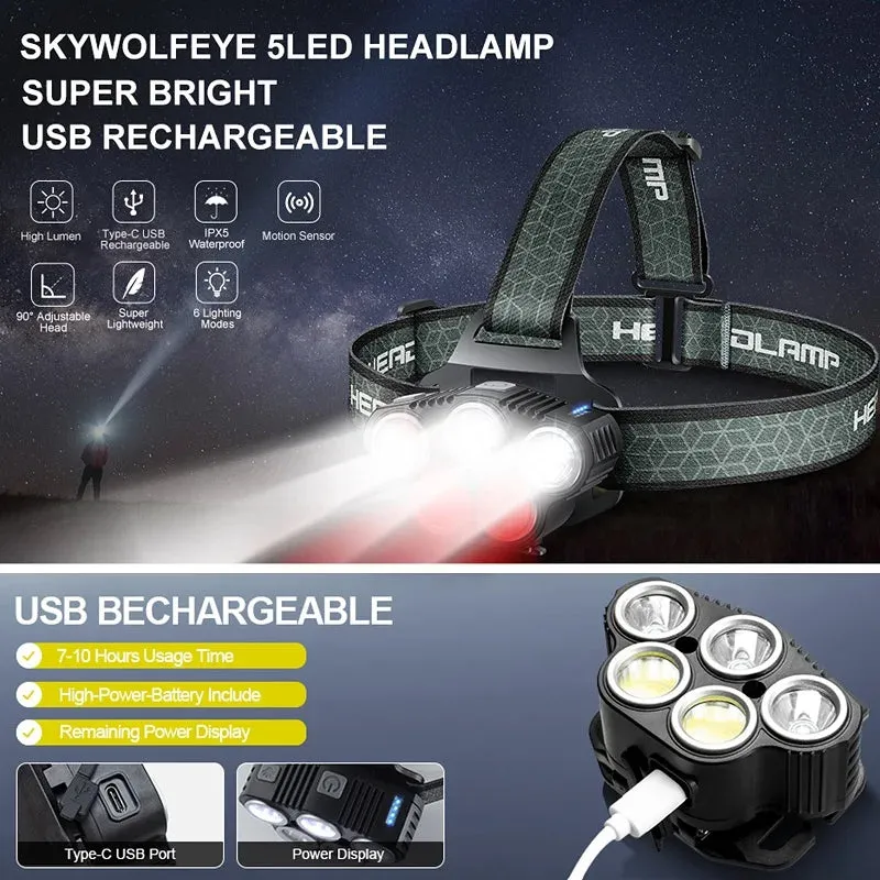 2 Pack COB LED Motion Sensor Headlamp Flashlight USB Rechargeable 6 Lighting Modes Headlight Flashlight