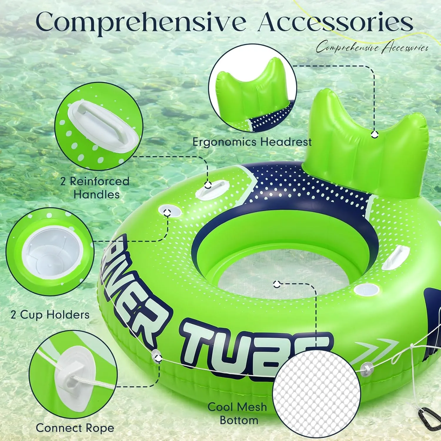 2 Pcs 53'' River Tubes for Floating Heavy Duty Inflatable River Floats for Adults Large Lake Tube Float with 2 Cup Holders & Comfortable Backrest Recreational Pool Water Rafts Holds 300lb