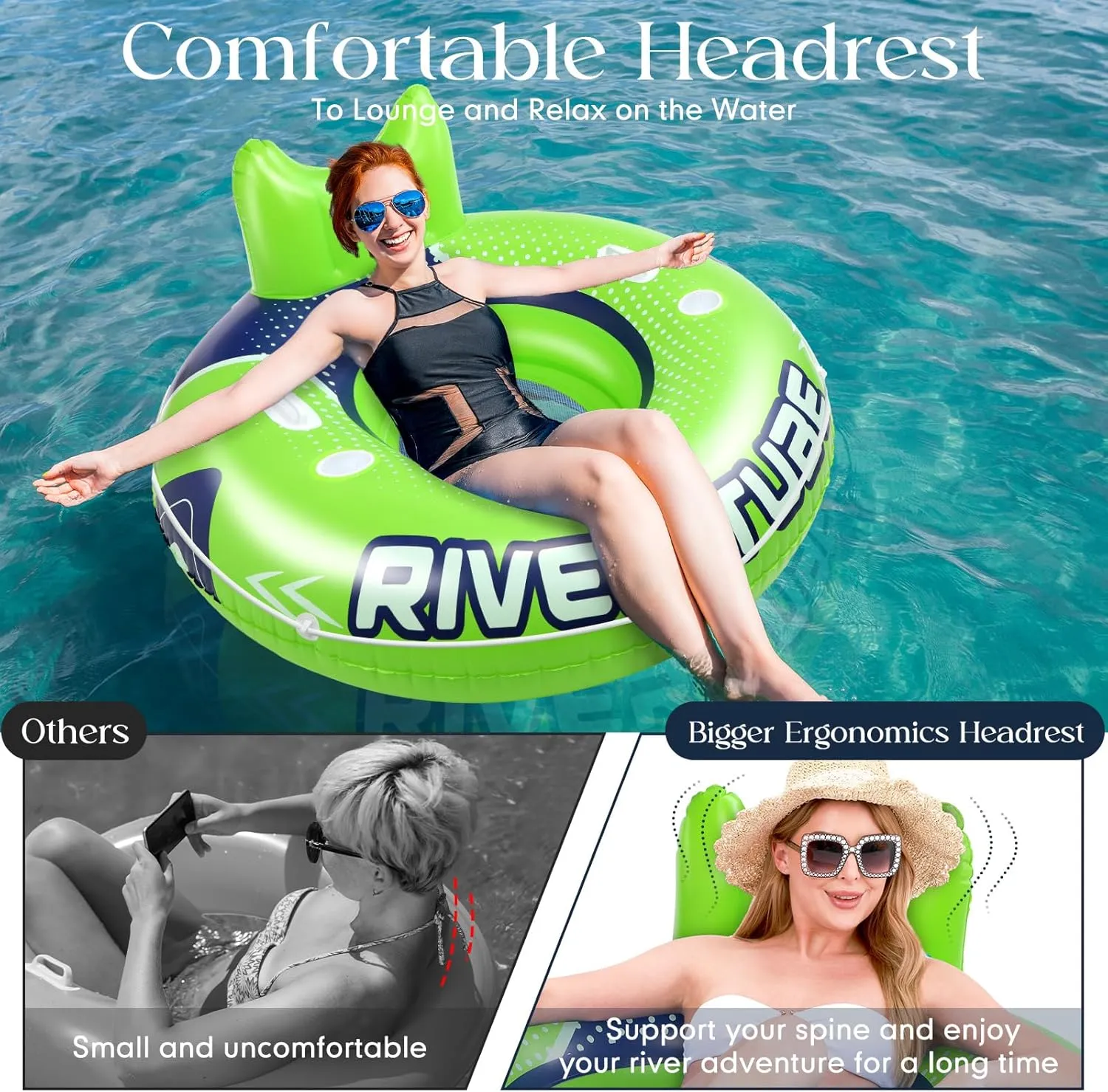 2 Pcs 53'' River Tubes for Floating Heavy Duty Inflatable River Floats for Adults Large Lake Tube Float with 2 Cup Holders & Comfortable Backrest Recreational Pool Water Rafts Holds 300lb