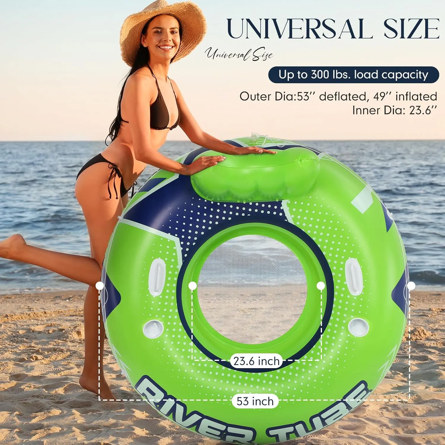 2 Pcs 53'' River Tubes for Floating Heavy Duty Inflatable River Floats for Adults Large Lake Tube Float with 2 Cup Holders & Comfortable Backrest Recreational Pool Water Rafts Holds 300lb