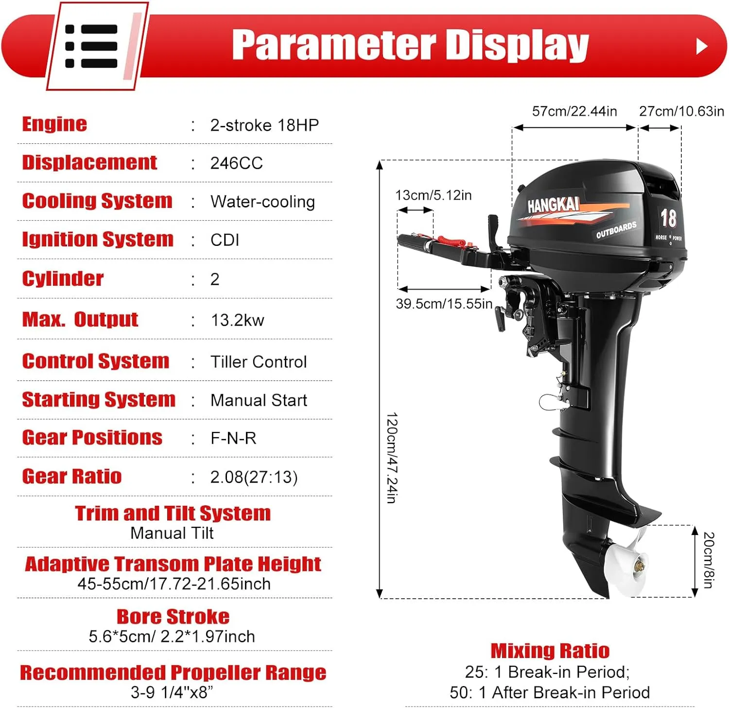 2 Stroke 18HP Hangkai Outboard Motor Boat Engine Gas-Powered Water Cooling System Long Shaft Outboard Motor Tiller Control Outboard Boat Motors 246CC Heavy Duty Fishing Boat Kayak Engine
