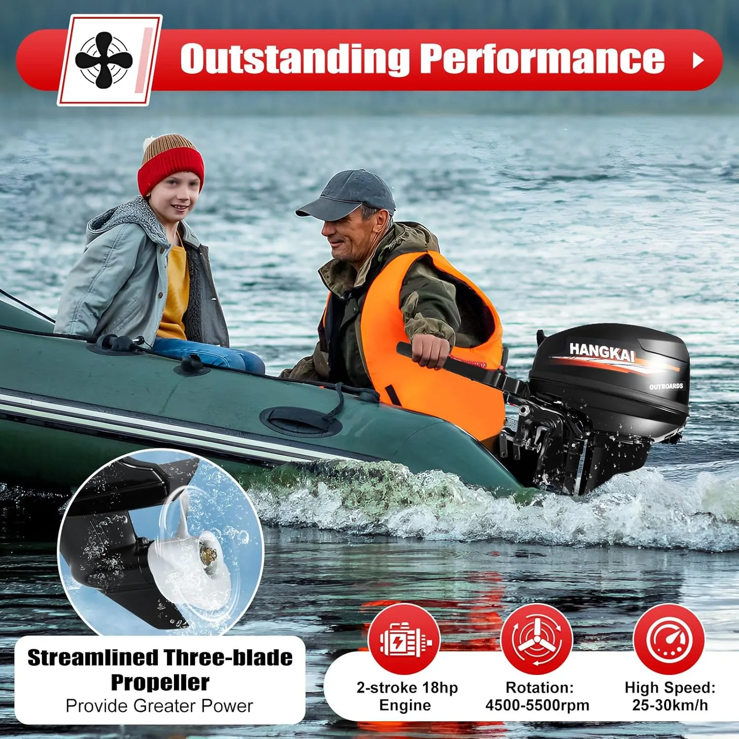 2 Stroke 18HP Hangkai Outboard Motor Boat Engine Gas-Powered Water Cooling System Long Shaft Outboard Motor Tiller Control Outboard Boat Motors 246CC Heavy Duty Fishing Boat Kayak Engine