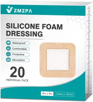 20 Pcs Silicone Foam Dressing 4x4 Gentle Border, HSA FSA Eligible, Waterproof Silicone Bandages for Wounds Care, Bed Sore Patches, Super Absorbent Wound Dressing, Self Adhesive Pressure Sore Pads