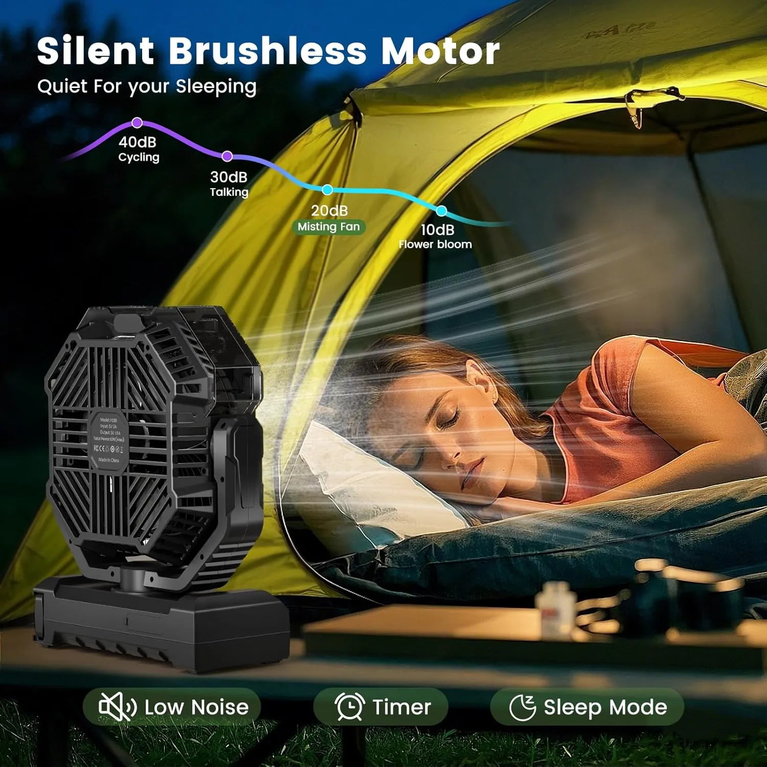 20000mAh Portable Misting Fan, USB Rechargeable Camping Fan with LED Light, Battery Operated for Outdoor, Tents, Beach, Travel - 250mL Water Tank & Hook Included, Black.