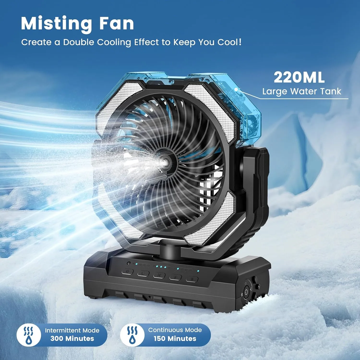 20000mAh Portable Misting Fan, USB Rechargeable Camping Fan with LED Light, Battery Operated for Outdoor, Tents, Beach, Travel - 250mL Water Tank & Hook Included, Black.