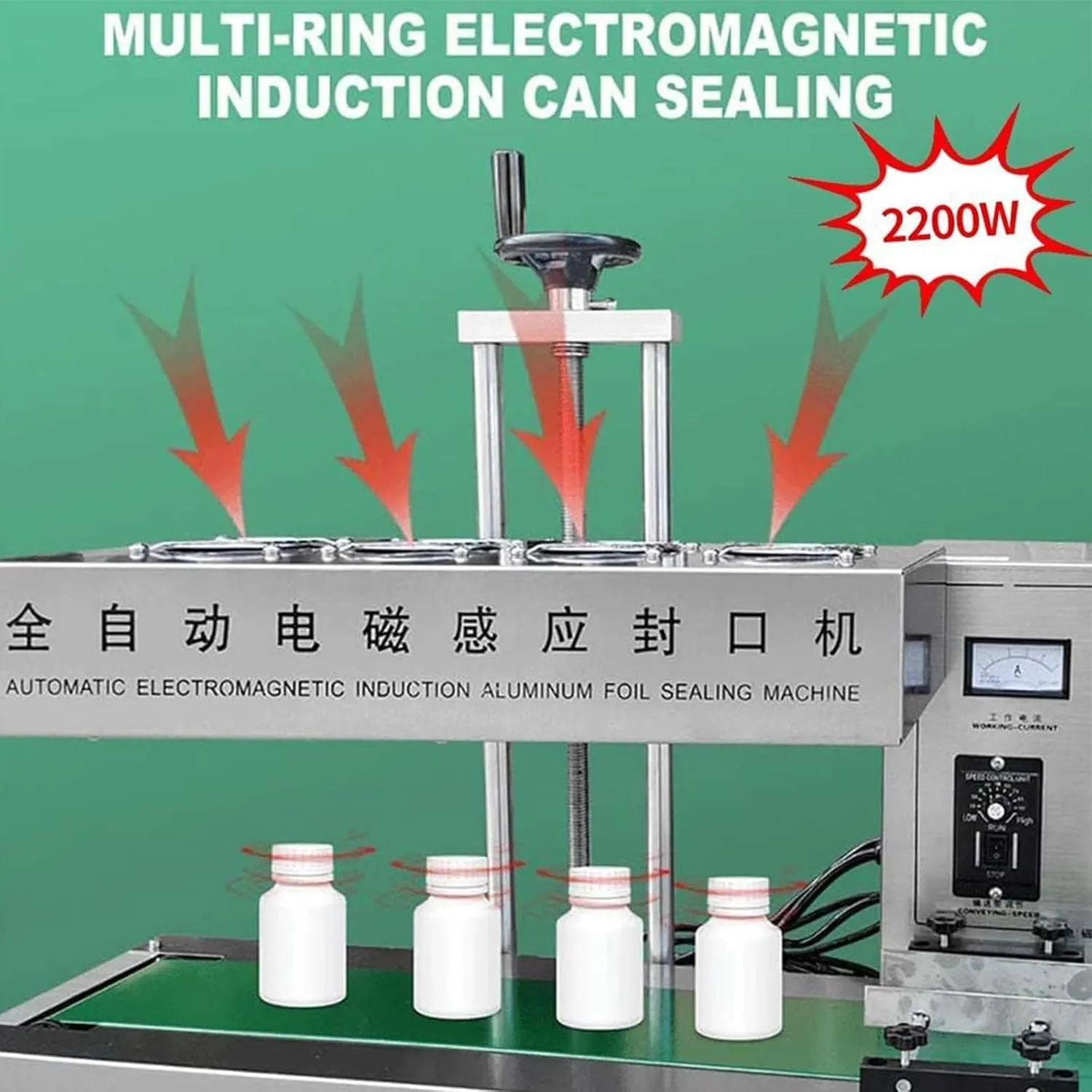 2200W Automatic Aluminum Foil Sealing Machine Continuous Electromagnetic Induction Band Bag Sealer Plastic Bottle Cap Sealer Auto Continuous Sealing Machine,15-85mmdiameter