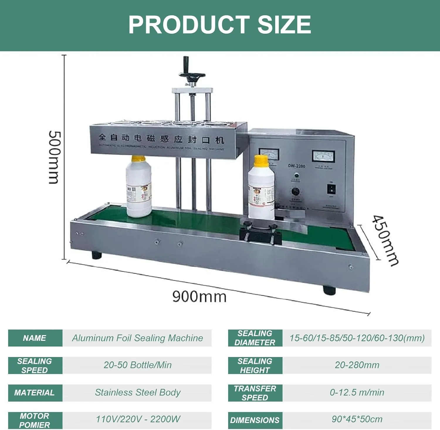 2200W Automatic Aluminum Foil Sealing Machine, Continuous Electromagnetic Induction Band Bag Sealer Plastic Bottle Cap Sealer,110V-15-85mm