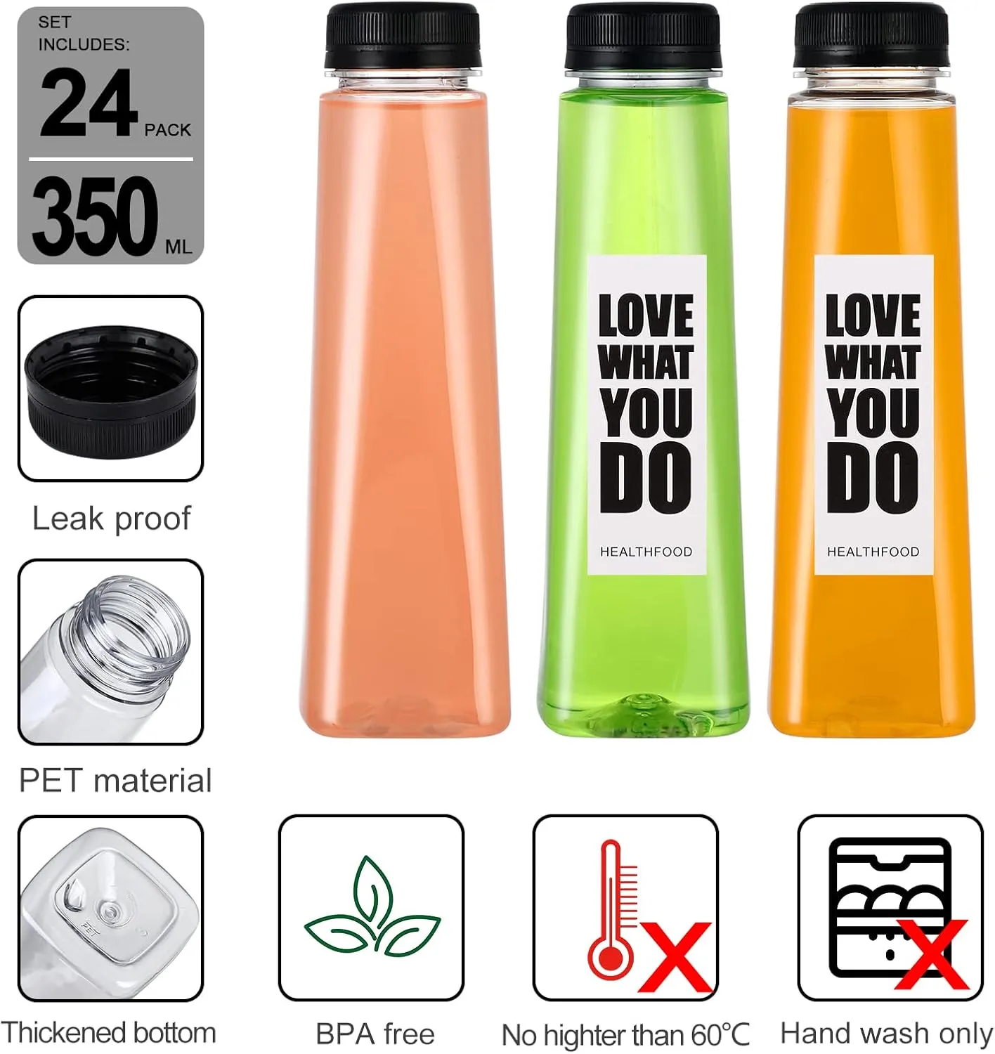 24 Pack 12oz Empty PET Plastic Juice Bottles with Leak-Proof Caps Lids, Reusable Clear Water Bottle Food Grade Bulk Beverage Containers for Juicing Smoothie Milk and Homemade Beverages
