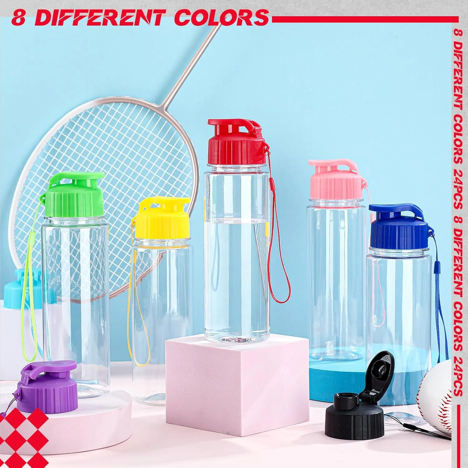 24 Pcs Plastic Water Bottles for Kids Bulk 17 oz Reusable Leak Proof Flip Top Sports Water Bottles with Handle Strap for Summer School Gym Travel End of Year Gift