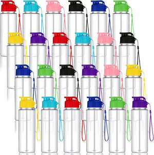 24 Pcs Plastic Water Bottles for Kids Bulk 17 oz Reusable Leak Proof Flip Top Sports Water Bottles with Handle Strap for Summer School Gym Travel End of Year Gift