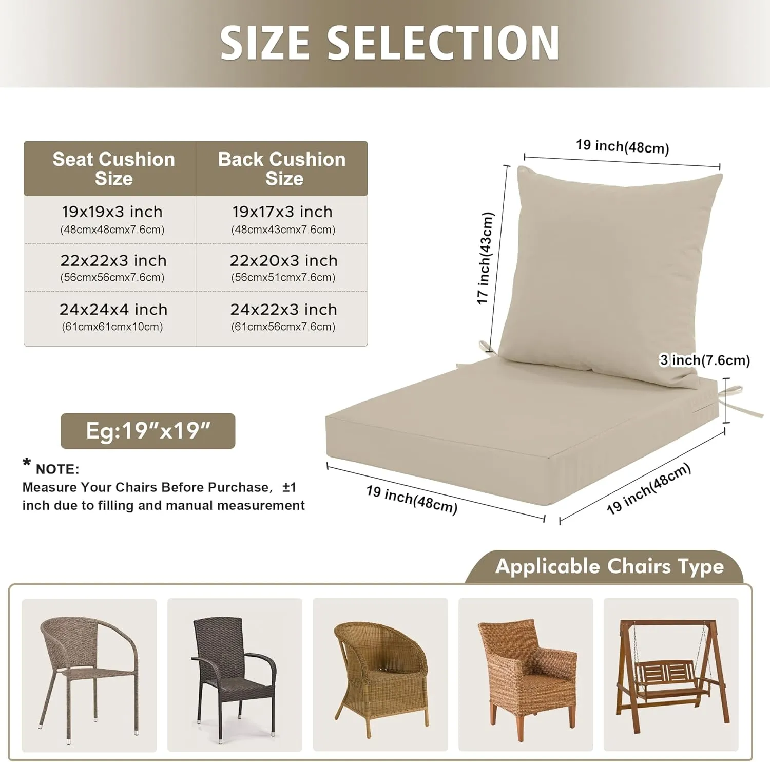 24x24 Inch Outdoor Cushions for Patio Furniture, Waterproof Outdoor Chair Cushions w/Fade-Resistant, Removable & Machine-Washable Covers, Deep Seat Sofa/Couch Pad Replacement – Set of 4, Cream