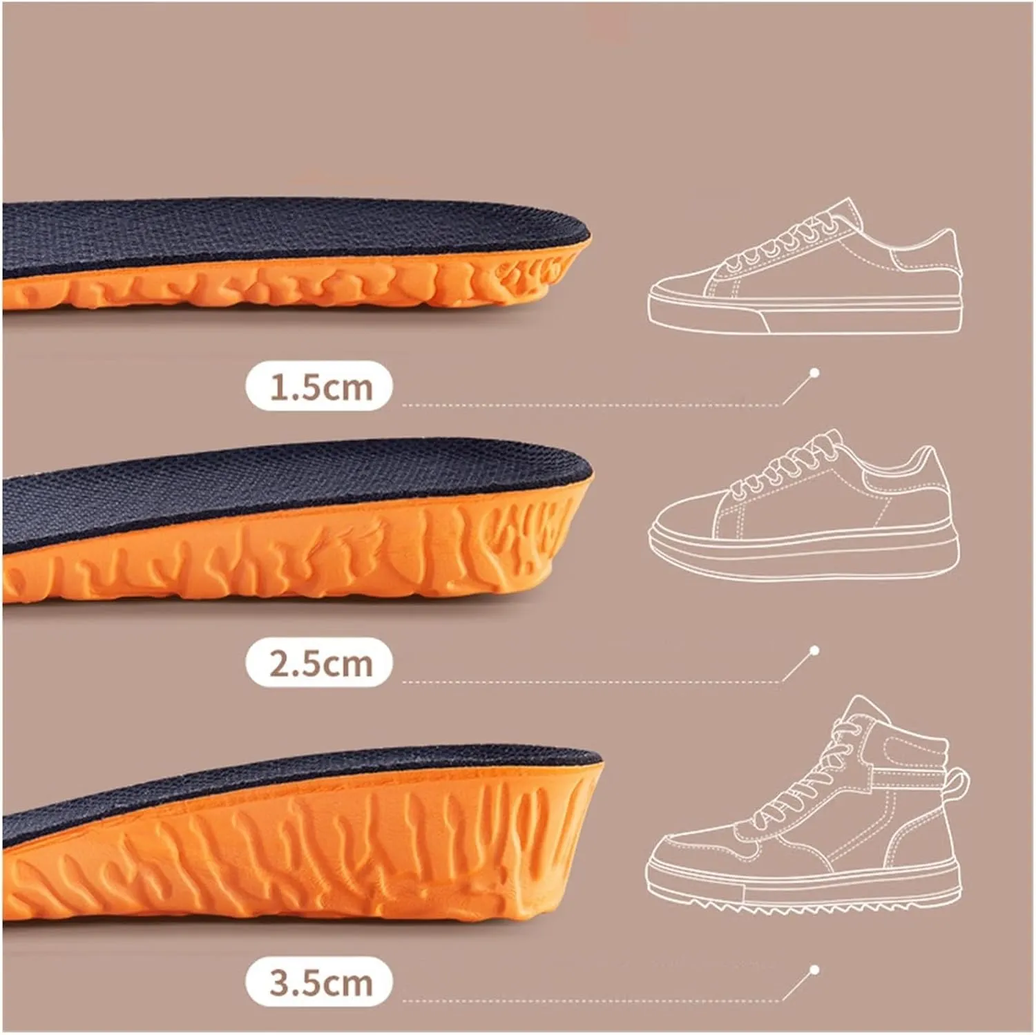 2.5cm Invisible Height Increase Sport Insoles Orange EVA Memory Foam Shoes Sole Pad Breathable Comfortable(43-44)