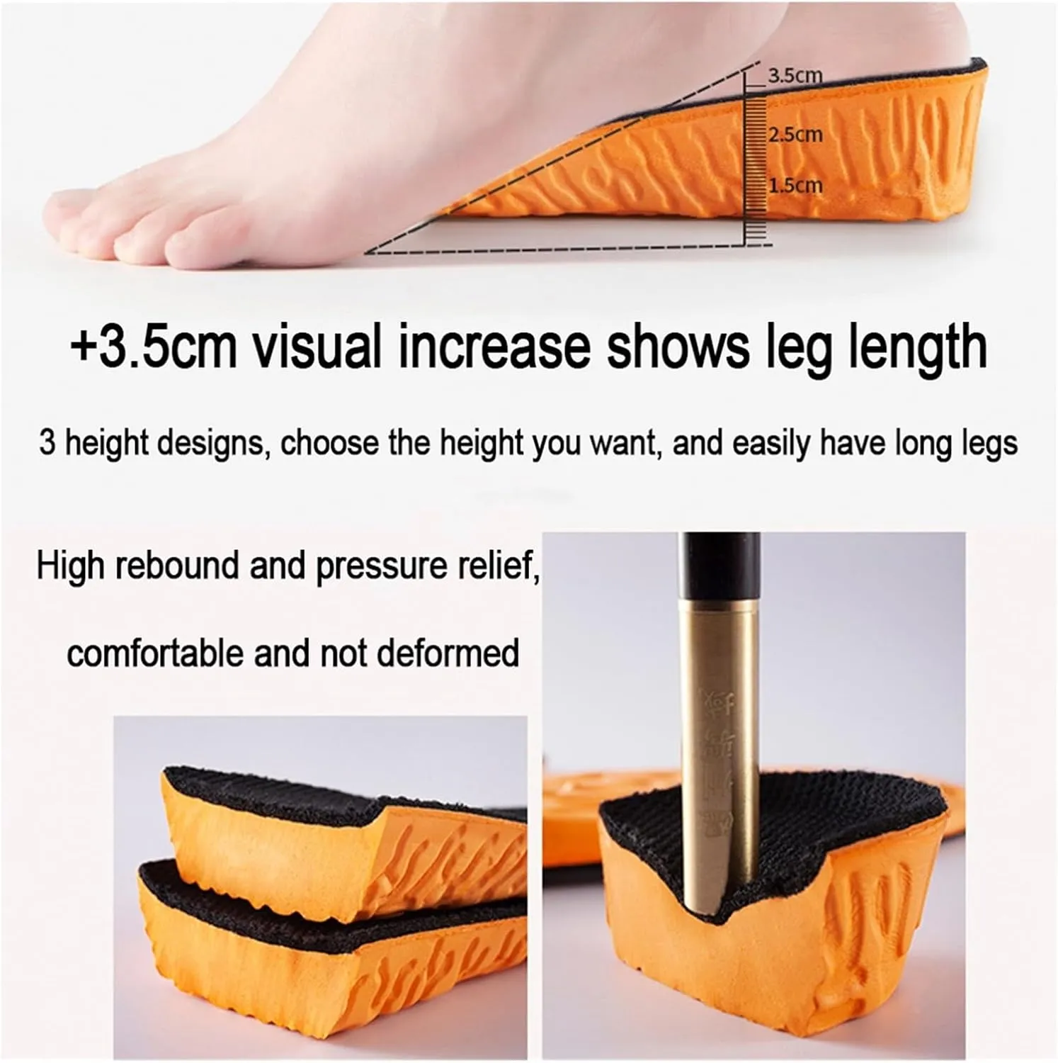 2.5cm Invisible Height Increase Sport Insoles Orange EVA Memory Foam Shoes Sole Pad Breathable Comfortable(43-44)