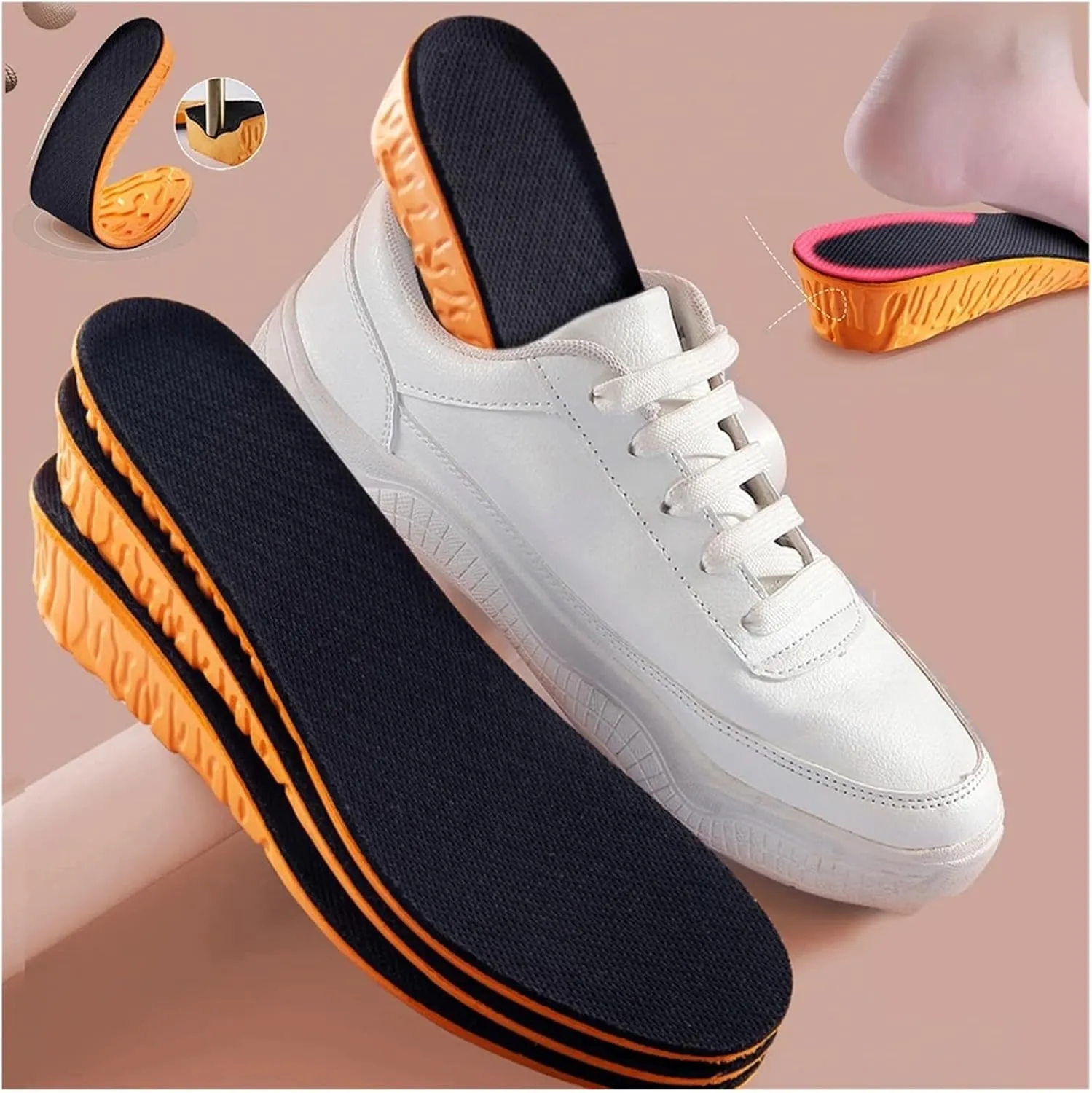 2.5cm Invisible Height Increase Sport Insoles Orange EVA Memory Foam Shoes Sole Pad Breathable Comfortable(43-44)