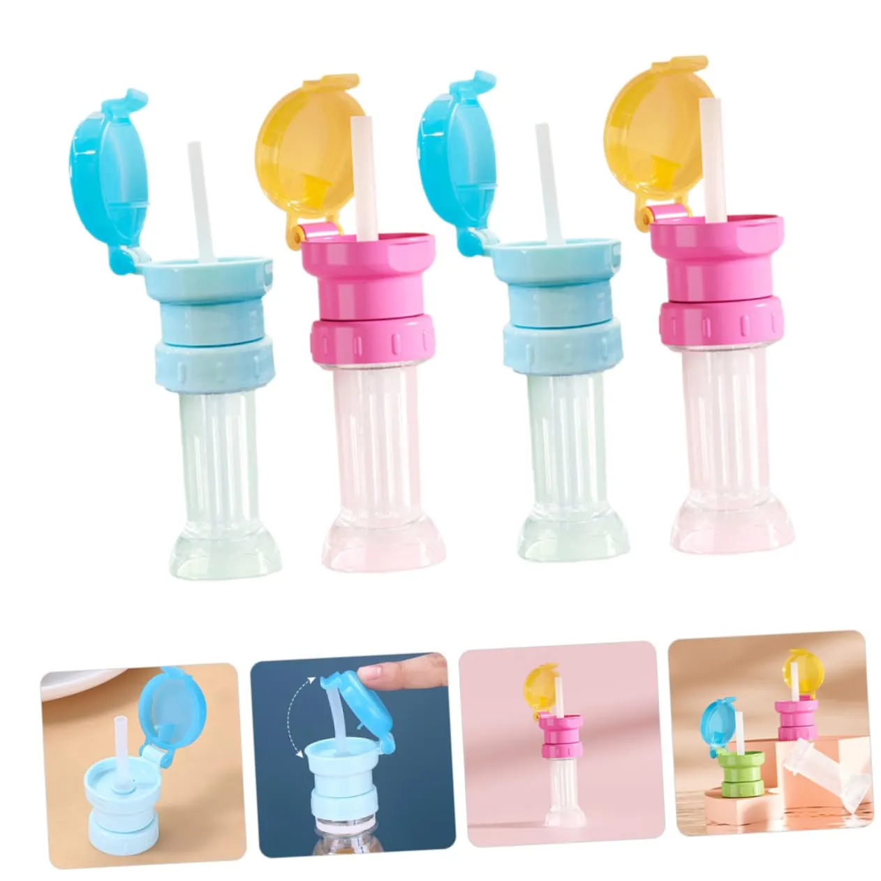 2sets 4 Pcs Water Bottle Topper Caps with Straws Water Bottle Adapters and Brightly Colored Design 4pcs*2