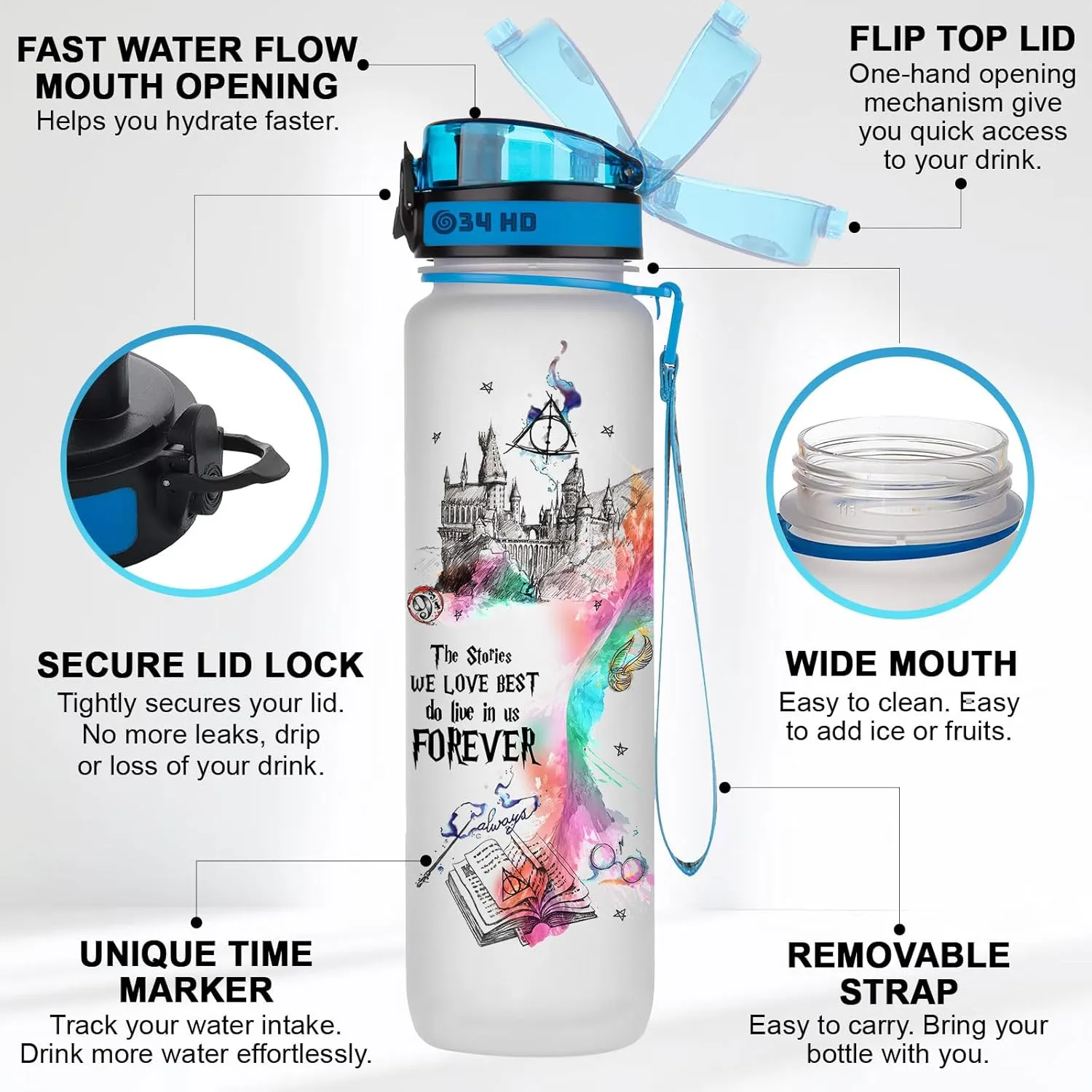 34HD Birthday Gifts for Women, Magic Movie Water Bottle 32 oz with Time Marker, Literature Character Motivational Bottle, Funny Gifts for Movie Lovers