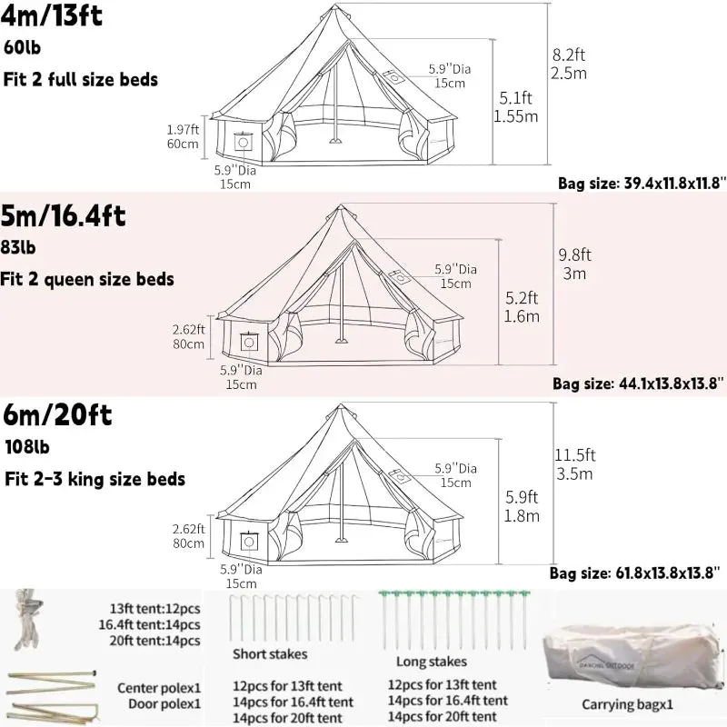 4 Season Canvas Bell Tent with 2 Stove Jacks, Yurt Tent for All Year Living for 4 People