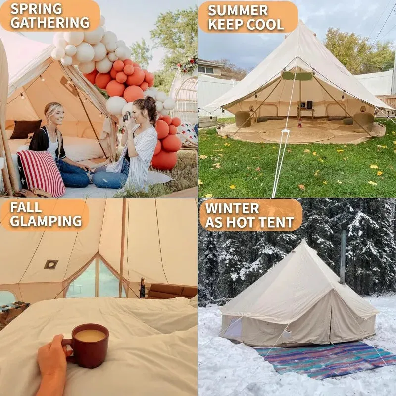 4 Season Canvas Bell Tent with 2 Stove Jacks, Yurt Tent for All Year Living for 4 People