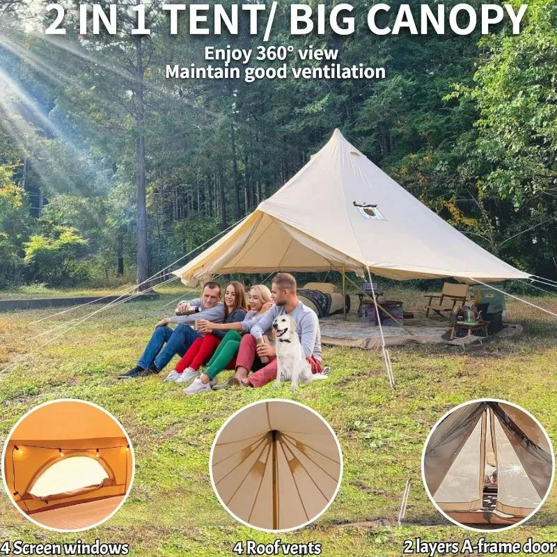 4 Season Canvas Bell Tent with 2 Stove Jacks, Yurt Tent for All Year Living for 4 People